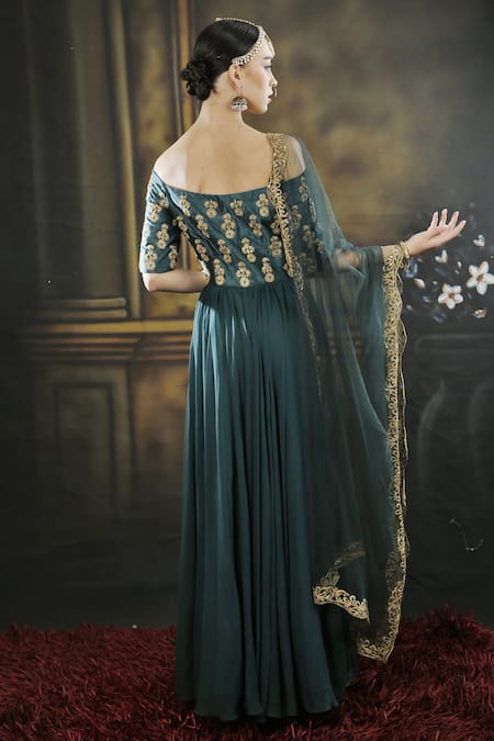 Shop_Neha Khullar_Green Silk, Net, Georgette Nalki And Dori One Shoulder Off Anarkali With Dupatta _at_Aza_Fashions