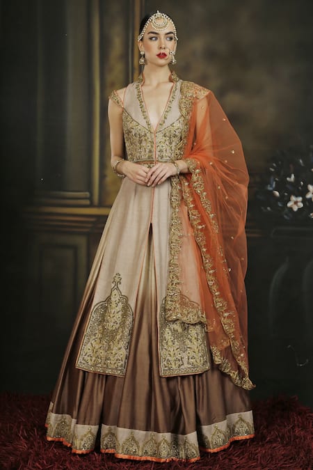Neha Khullar Beige Matka Silk Embroidered Dori And Orange & Brown Jacket Lehenga For Women