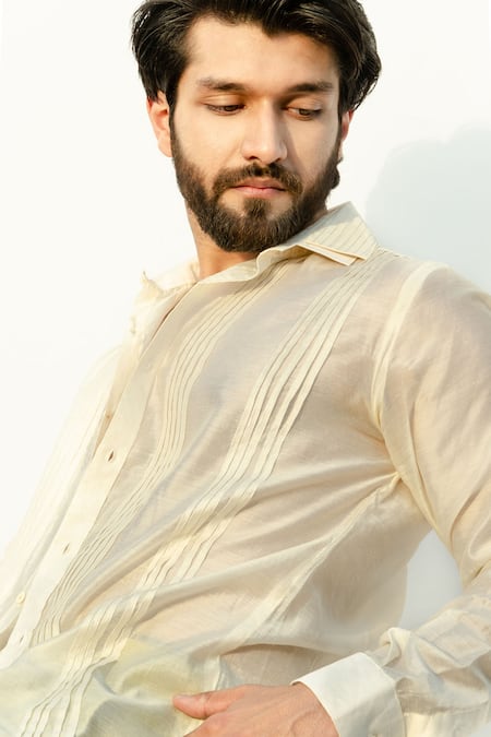 Shop Runit Gupta White Chanderi Silk Pintuck Shirt Online at Aza Fashions Shop_Runit Gupta_White Chanderi Silk Pintuck Shirt_Online_at_Aza_Fashions