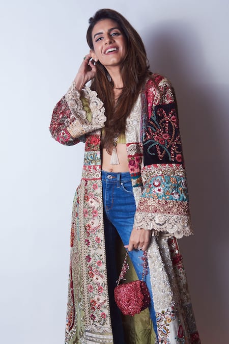 Varun Bahl_Multi Color Crop Top Cupro Satin V Neck Upcycled Patch Jacket With _Online_at_Aza_Fashions
