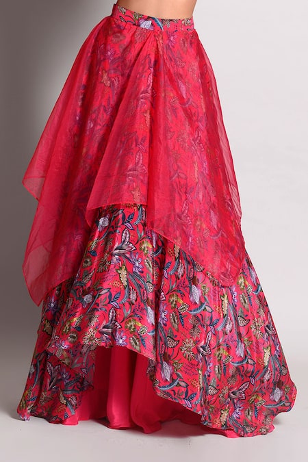 Rishi And Vibhuti_Pink Organza, Crepe, Dupion Sweetheart Neck Crop Top And Layered Skirt Set _at_Aza_Fashions