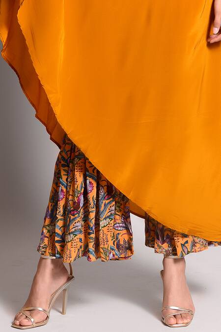 Shop_Rishi and Vibhuti_Yellow Crepe Round One Shoulder Kaftan And Pant Set _Online_at_Aza_Fashions