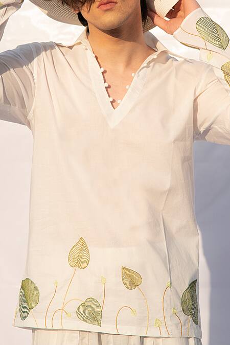 Shop Runit Gupta White Enzyme Washed Cotton Embroidered Shirt Online at Aza Fashions Shop_Runit Gupta_White Enzyme Washed Cotton Embroidered Shirt _Online_at_Aza_Fashions