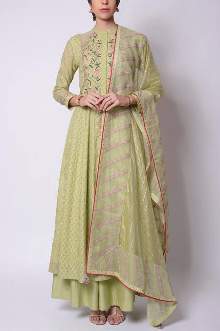 5X by Ajit Kumar Green Anarkali Chanderi Kurta Lehenga Set