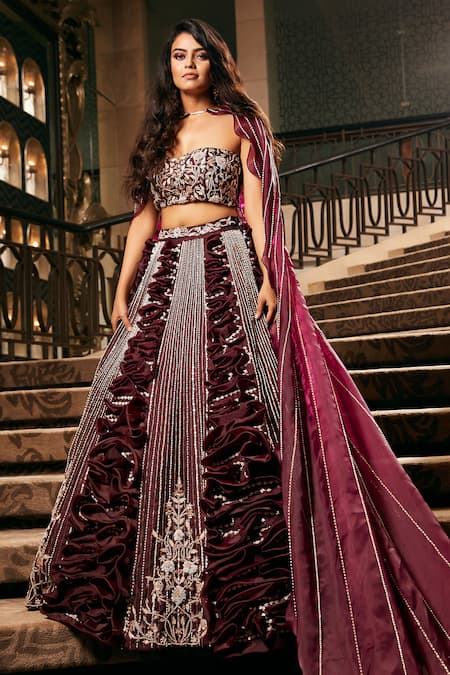 Masumi Mewawalla Purple Dupion Sweetheart Neck Organza Cape And Silk Ruffle Lehenga Set 