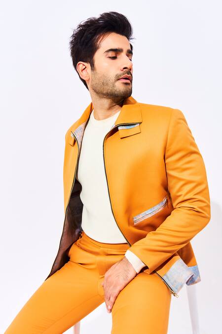 Shop_Nirmooha_Yellow Suiting Fabric Abstract Fleece Jacket And Pant Set _Online_at_Aza_Fashions