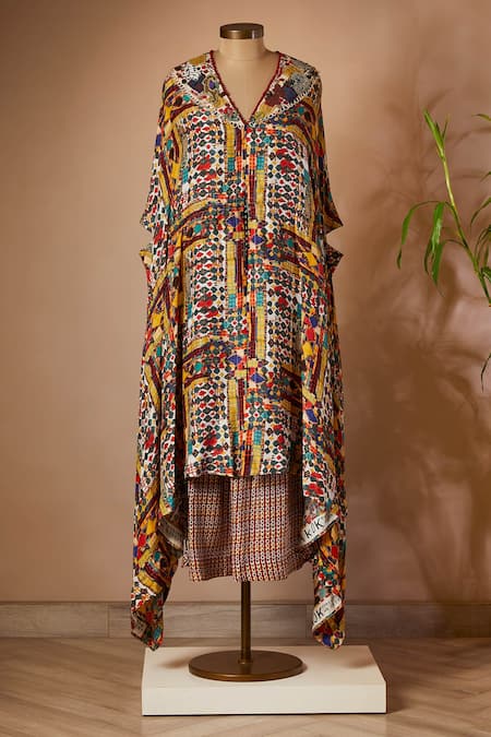 Anamika Khanna Multi Color Printed Kaftan And Skirt Set