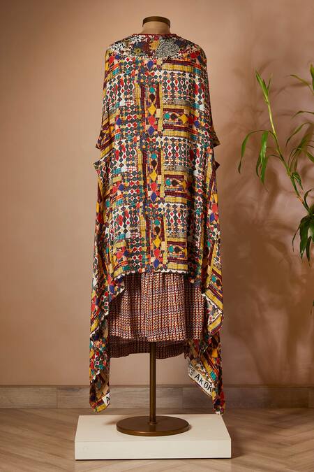 Shop_Anamika Khanna_Multi Color Printed Kaftan And Skirt Set_at_Aza_Fashions