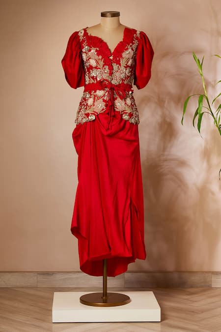 Anamika Khanna Red Draped Skirt Set