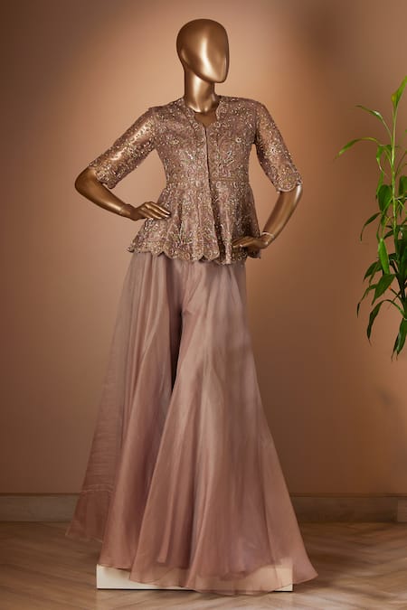 Ridhi Mehra Brown Embroidered Top And Pant Set