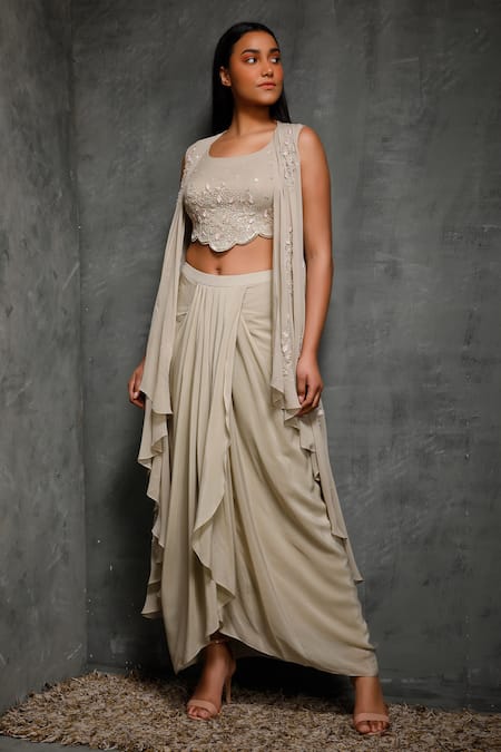 Buy Seema Thukral Beige Crepe, Pure Georgette, Satin Lining Crop Top V Embroidered And Skirt Set Online at Aza Fashions Buy_Seema Thukral_Beige Crepe, Pure Georgette, Satin Lining Crop Top V Embroidered And Skirt Set _Online_at_Aza_Fashions