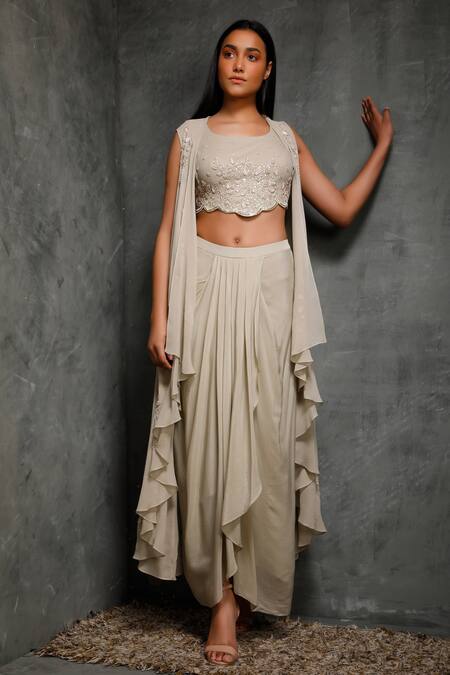 Seema Thukral Beige Crepe, Pure Georgette, Satin Lining Crop Top V Embroidered And Skirt Set Online at Aza Fashions Seema Thukral_Beige Crepe, Pure Georgette, Satin Lining Crop Top V Embroidered And Skirt Set _Online_at_Aza_Fashions