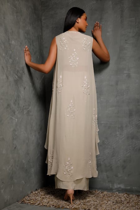 Shop Seema Thukral Beige Crepe, Pure Georgette, Satin Lining Crop Top V Embroidered And Skirt Set at Aza Fashions Shop_Seema Thukral_Beige Crepe, Pure Georgette, Satin Lining Crop Top V Embroidered And Skirt Set _at_Aza_Fashions