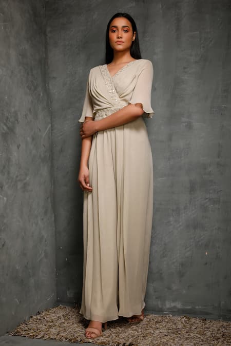 Shop_Seema Thukral_Beige Pure Georgette, Satin Lining V Neck Embroidered Jumpsuit _at_Aza_Fashions