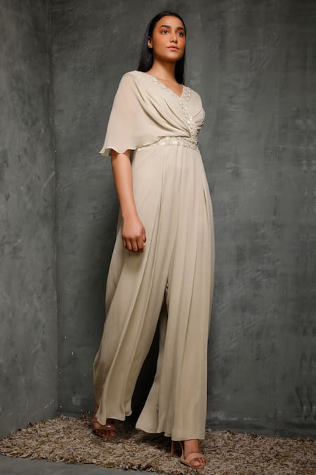 Seema Thukral_Beige Pure Georgette, Satin Lining V Neck Embroidered Jumpsuit _Online_at_Aza_Fashions