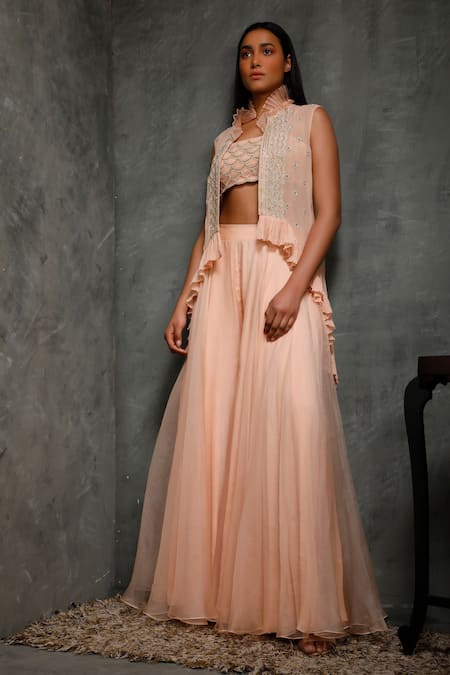Seema Thukral Peach Organza, Crepe, Pure Georgette, Satin Lining Embroidered And Pant Set Online at Aza Fashions Seema Thukral_Peach Organza, Crepe, Pure Georgette, Satin Lining Embroidered And Pant Set _Online_at_Aza_Fashions