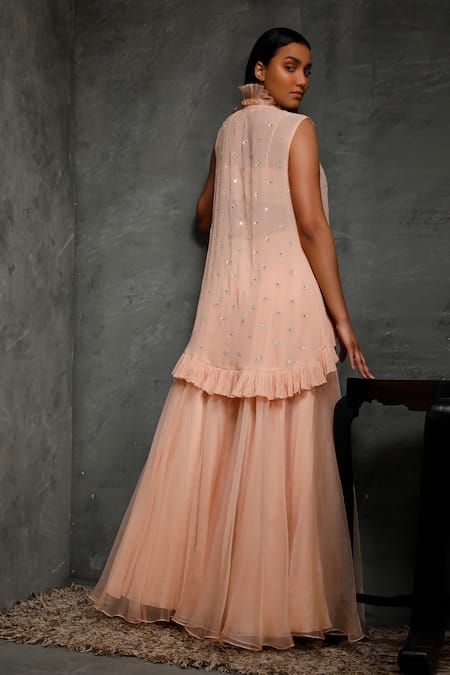 Shop Seema Thukral Peach Organza, Crepe, Pure Georgette, Satin Lining Embroidered And Pant Set at Aza Fashions Shop_Seema Thukral_Peach Organza, Crepe, Pure Georgette, Satin Lining Embroidered And Pant Set _at_Aza_Fashions