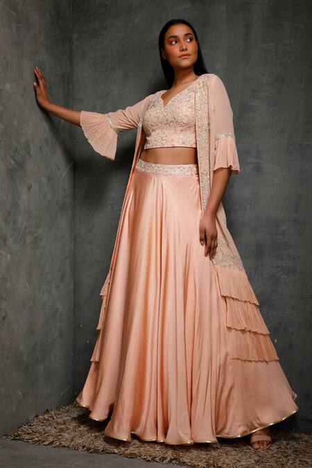 Seema Thukral Peach Cotton Silk, Pure Georgette, Satin Lining Crop Embroidered Lehenga Set Online at Aza Fashions Seema Thukral_Peach Cotton Silk, Pure Georgette, Satin Lining Crop Embroidered Lehenga Set _Online_at_Aza_Fashions