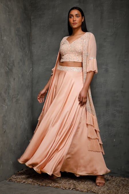 Buy Seema Thukral Peach Cotton Silk, Pure Georgette, Satin Lining Crop Embroidered Lehenga Set Online at Aza Fashions Buy_Seema Thukral_Peach Cotton Silk, Pure Georgette, Satin Lining Crop Embroidered Lehenga Set _Online_at_Aza_Fashions