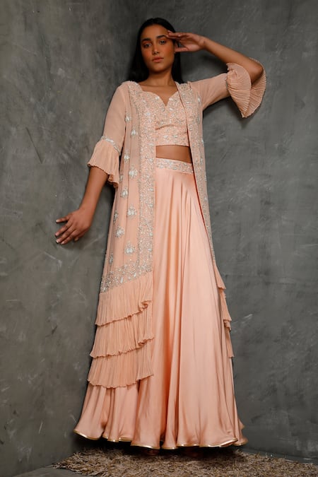 Seema Thukral Peach Cotton Silk Jacket Open Embroidered Lehenga Set 