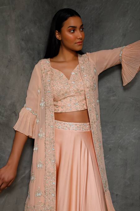Shop Seema Thukral Peach Cotton Silk, Pure Georgette, Satin Lining Crop Embroidered Lehenga Set Online at Aza Fashions Shop_Seema Thukral_Peach Cotton Silk, Pure Georgette, Satin Lining Crop Embroidered Lehenga Set _Online_at_Aza_Fashions
