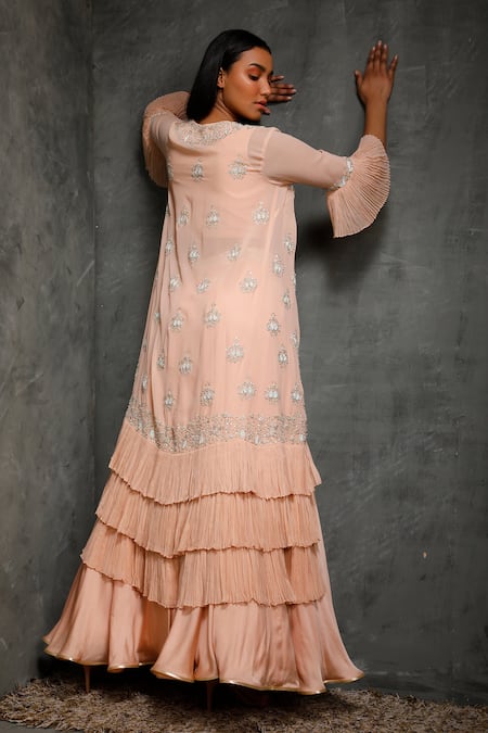 Shop Seema Thukral Peach Cotton Silk, Pure Georgette, Satin Lining Crop Embroidered Lehenga Set at Aza Fashions Shop_Seema Thukral_Peach Cotton Silk, Pure Georgette, Satin Lining Crop Embroidered Lehenga Set _at_Aza_Fashions