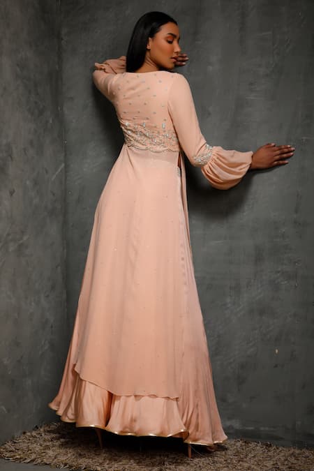 Shop Seema Thukral Peach Cotton Silk, Pure Georgette, Satin Lining Round Embroidered Skirt Set at Aza Fashions Shop_Seema Thukral_Peach Cotton Silk, Pure Georgette, Satin Lining Round Embroidered Skirt Set _at_Aza_Fashions