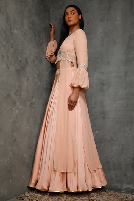 Seema Thukral Peach Cotton Silk, Pure Georgette, Satin Lining Round Embroidered Skirt Set Online at Aza Fashions Seema Thukral_Peach Cotton Silk, Pure Georgette, Satin Lining Round Embroidered Skirt Set _Online_at_Aza_Fashions
