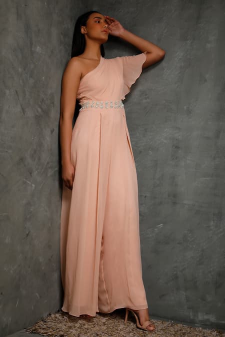 Seema Thukral Peach Pure Georgette, Satin Lining Asymmetric Embroidered One Shoulder Jumpsuit Online at Aza Fashions Seema Thukral_Peach Pure Georgette, Satin Lining Asymmetric Embroidered One Shoulder Jumpsuit _Online_at_Aza_Fashions