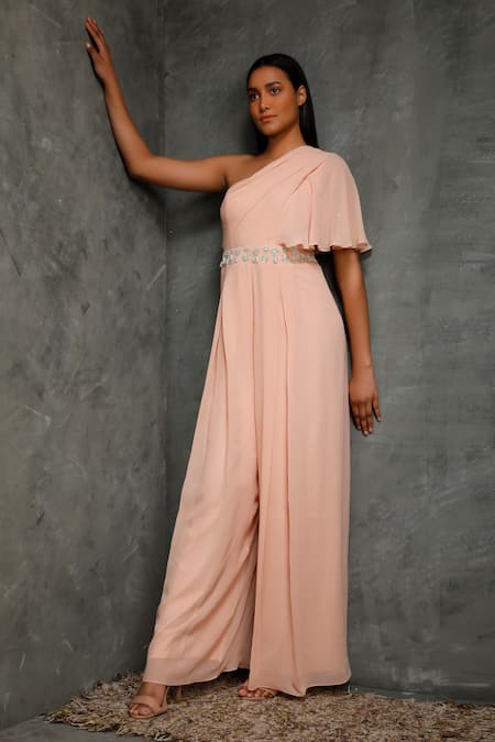 Buy Seema Thukral Peach Pure Georgette, Satin Lining Asymmetric Embroidered One Shoulder Jumpsuit Online at Aza Fashions Buy_Seema Thukral_Peach Pure Georgette, Satin Lining Asymmetric Embroidered One Shoulder Jumpsuit _Online_at_Aza_Fashions