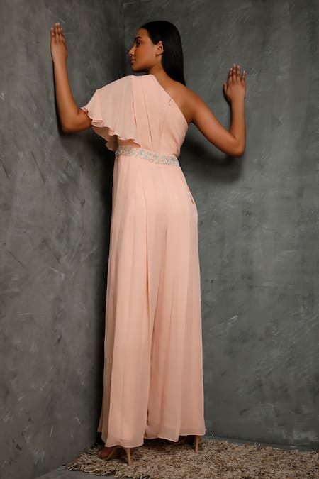 Shop Seema Thukral Peach Pure Georgette, Satin Lining Asymmetric Embroidered One Shoulder Jumpsuit at Aza Fashions Shop_Seema Thukral_Peach Pure Georgette, Satin Lining Asymmetric Embroidered One Shoulder Jumpsuit _at_Aza_Fashions