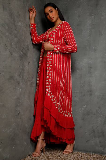 Shop Seema Thukral Pink Crepe, Pure Georgette, Satin Lining Cape Embroidered Jacket And Skirt Set Online at Aza Fashions Shop_Seema Thukral_Pink Crepe, Pure Georgette, Satin Lining Cape Embroidered Jacket And Skirt Set _Online_at_Aza_Fashions