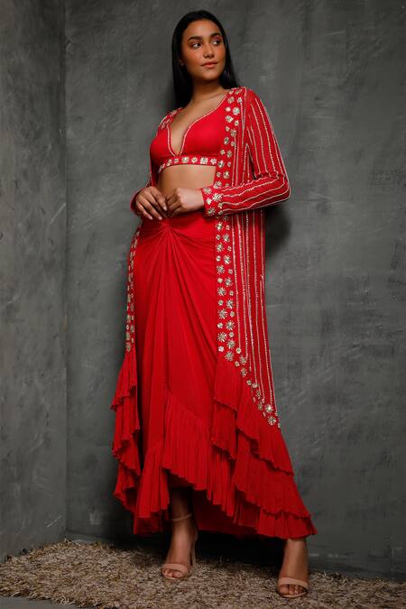 Buy Seema Thukral Pink Crepe, Pure Georgette, Satin Lining Cape Embroidered Jacket And Skirt Set Online at Aza Fashions Buy_Seema Thukral_Pink Crepe, Pure Georgette, Satin Lining Cape Embroidered Jacket And Skirt Set _Online_at_Aza_Fashions