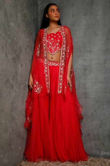 Seema Thukral_Pink Organza, Crepe, Pure Georgette, Satin Lining Cape Embroidered And Pant Set _Online_at_Aza_Fashions