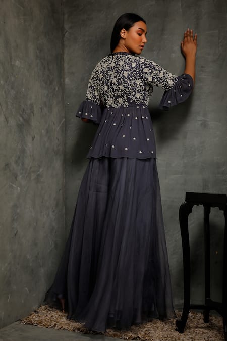 Shop Seema Thukral Blue Organza, Crepe, Pure Georgette, Satin Lining Crop Embroidered And Pant Set at Aza Fashions Shop_Seema Thukral_Blue Organza, Crepe, Pure Georgette, Satin Lining Crop Embroidered And Pant Set _at_Aza_Fashions