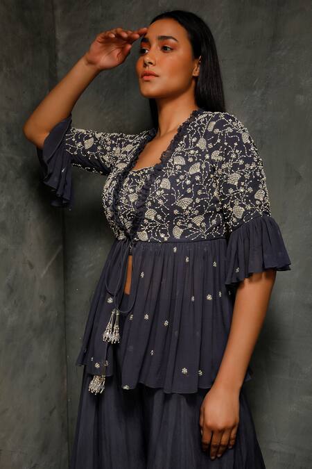 Buy Seema Thukral Blue Organza, Crepe, Pure Georgette, Satin Lining Crop Embroidered And Pant Set Online at Aza Fashions Buy_Seema Thukral_Blue Organza, Crepe, Pure Georgette, Satin Lining Crop Embroidered And Pant Set _Online_at_Aza_Fashions