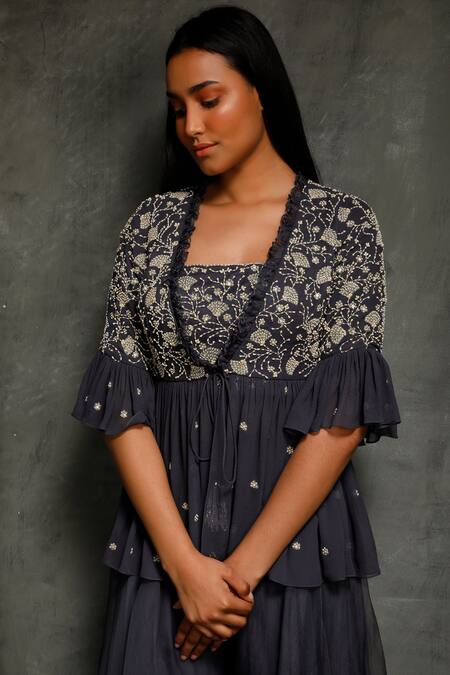 Seema Thukral Blue Organza, Crepe, Pure Georgette, Satin Lining Crop Embroidered And Pant Set Online at Aza Fashions Seema Thukral_Blue Organza, Crepe, Pure Georgette, Satin Lining Crop Embroidered And Pant Set _Online_at_Aza_Fashions