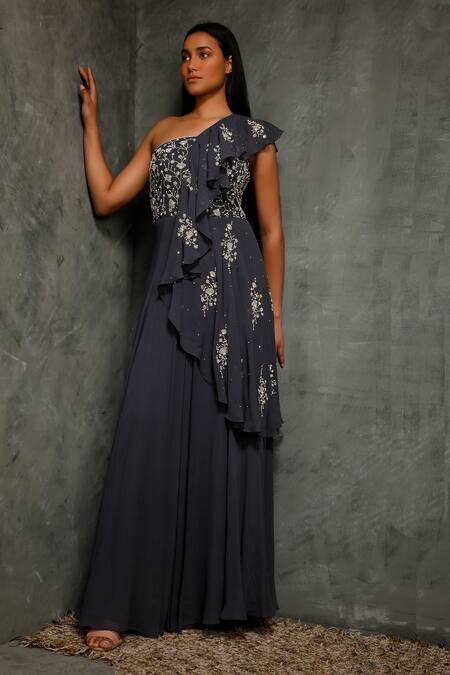 Seema Thukral Blue Pure Georgette, Satin Lining Asymmetric Embroidered One Shoulder Gown Online at Aza Fashions Seema Thukral_Blue Pure Georgette, Satin Lining Asymmetric Embroidered One Shoulder Gown _Online_at_Aza_Fashions