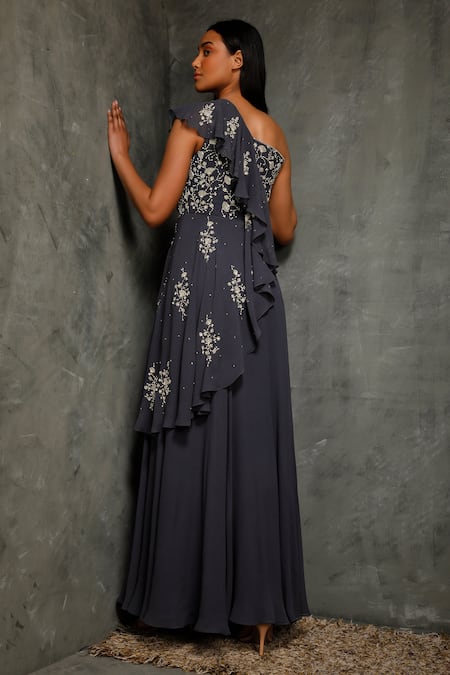 Shop Seema Thukral Blue Pure Georgette, Satin Lining Asymmetric Embroidered One Shoulder Gown at Aza Fashions Shop_Seema Thukral_Blue Pure Georgette, Satin Lining Asymmetric Embroidered One Shoulder Gown _at_Aza_Fashions