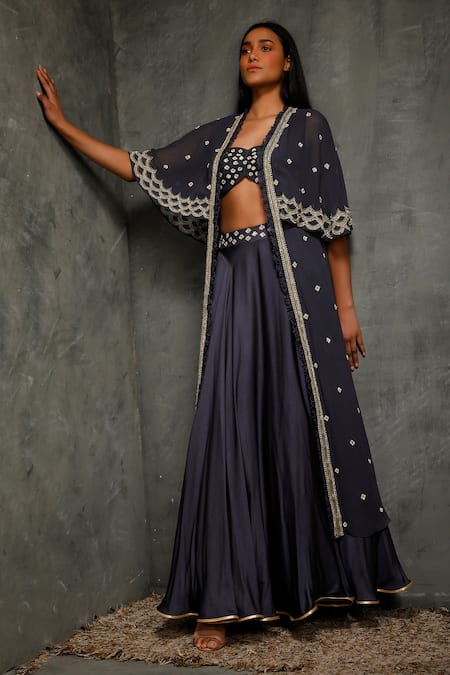 Seema Thukral Blue Cotton Silk, Pure Georgette Bralette Sweetheart Embroidered And Skirt Set Online at Aza Fashions Seema Thukral_Blue Cotton Silk, Pure Georgette Bralette Sweetheart Embroidered And Skirt Set _Online_at_Aza_Fashions