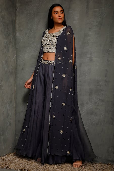Seema Thukral Blue Organza, Crepe, Pure Georgette, Satin Lining Embroidered Cape And Pant Set Online at Aza Fashions Seema Thukral_Blue Organza, Crepe, Pure Georgette, Satin Lining Embroidered Cape And Pant Set _Online_at_Aza_Fashions