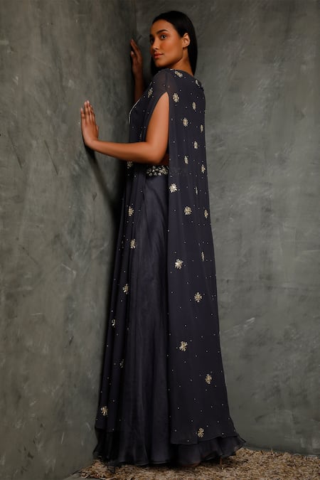 Shop Seema Thukral Blue Organza, Crepe, Pure Georgette, Satin Lining Embroidered Cape And Pant Set at Aza Fashions Shop_Seema Thukral_Blue Organza, Crepe, Pure Georgette, Satin Lining Embroidered Cape And Pant Set _at_Aza_Fashions