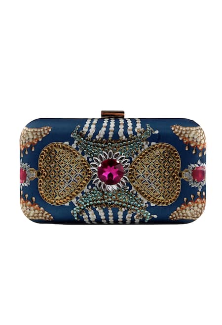Puneet Gupta Kundan Printed Blue Clutch 