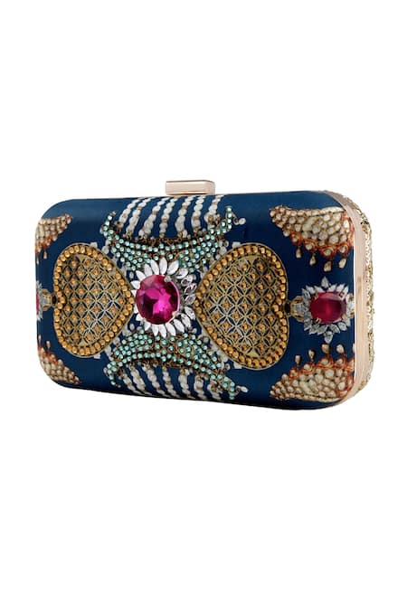 Puneet Gupta Kundan Printed Blue Clutch 
