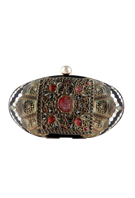 Shop_Puneet Gupta_Black Sequins Rajwada Print Clutch _Online_at_Aza_Fashions