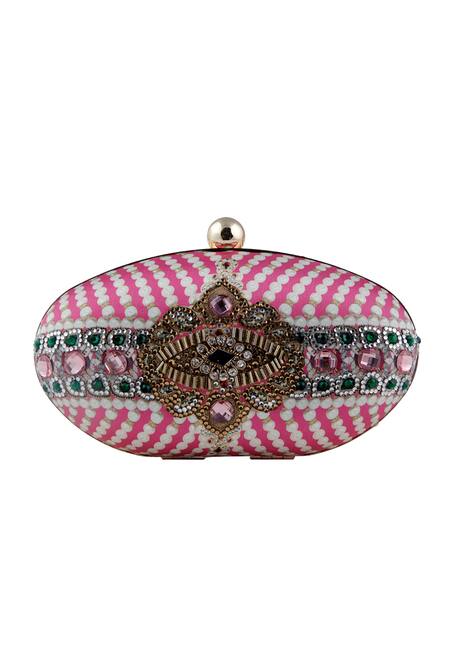 Shop_Puneet Gupta_Pink Rhinestones, Sequins Gold Metal Oval Printed Clutch _Online_at_Aza_Fashions
