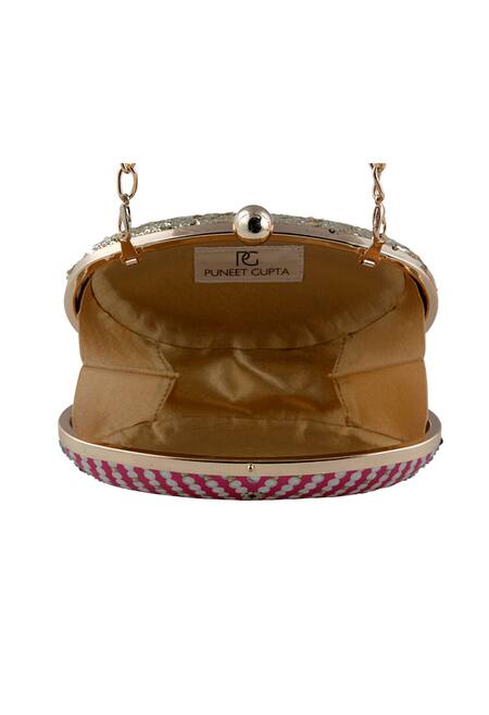 Puneet Gupta_Pink Rhinestones, Sequins Gold Metal Oval Printed Clutch _Online_at_Aza_Fashions