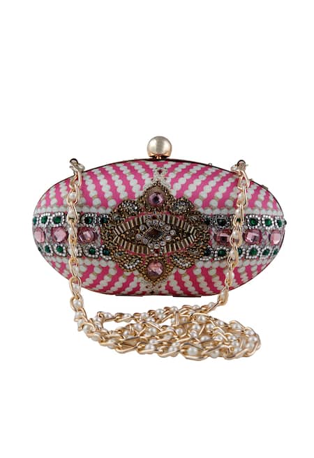 Puneet Gupta Gold Metal Oval Printed Clutch 