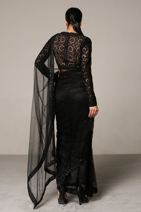 Shop Siddartha Tytler Black Net Round Embellished Saree With Blouse at Aza Fashions Shop_Siddartha Tytler_Black Net Round Embellished Saree With Blouse _at_Aza_Fashions