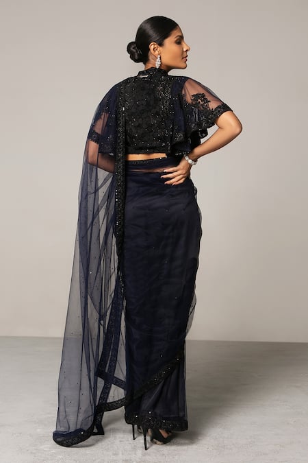 Shop Siddartha Tytler Blue Net High Neck Embellished Saree With Blouse at Aza Fashions Shop_Siddartha Tytler_Blue Net High Neck Embellished Saree With Blouse _at_Aza_Fashions
